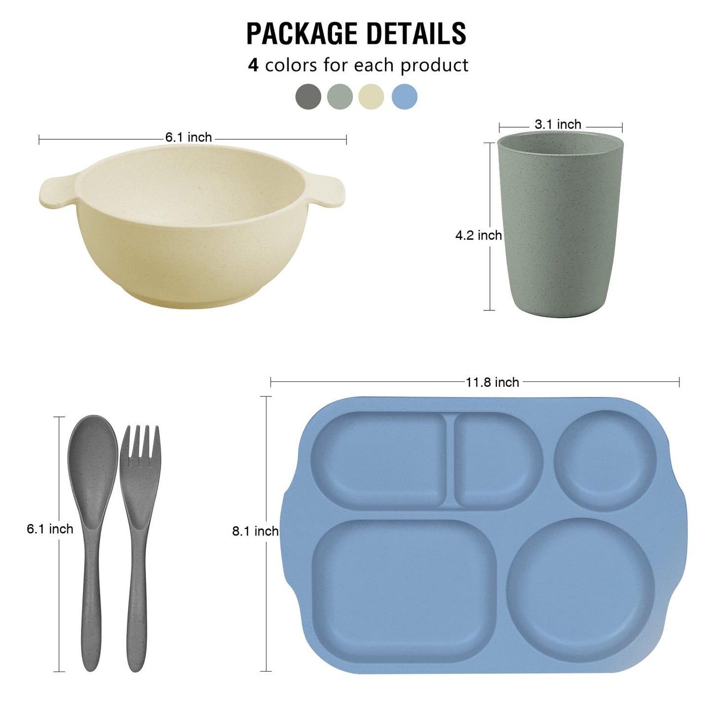 shopwithgreen Wheat Straw Dinnerware Cutlery Set, 20 PCS Kids Toddlers Divided Plates and Bowls Sets, Microwave Unbreakable Tableware Spoon Knife Cup, Dishwasher Safe for Kitchen Picnic School
