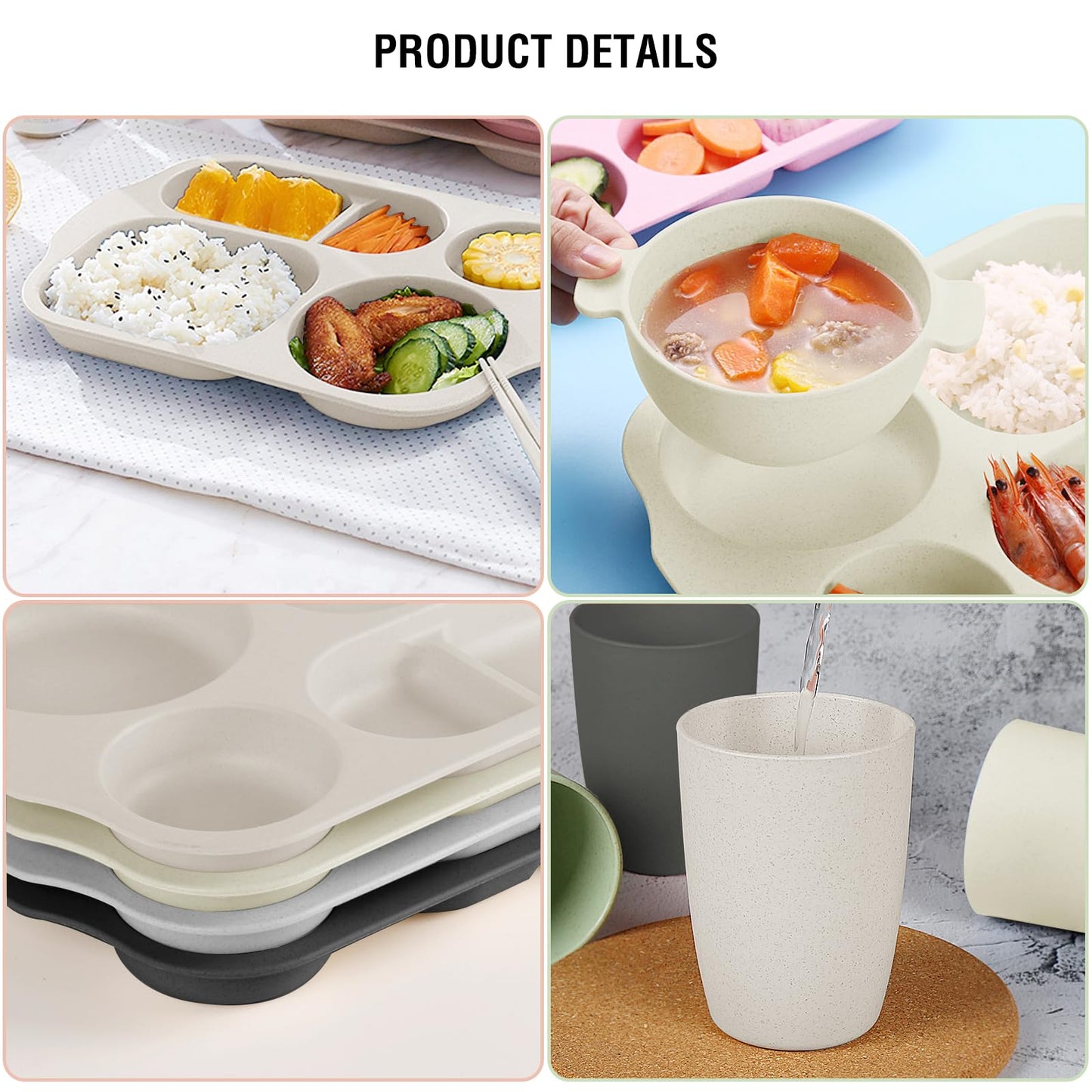 shopwithgreen Wheat Straw Dinnerware Cutlery Set, 20 PCS Kids Toddlers Divided Plates and Bowls Sets, Microwave Unbreakable Tableware Spoon Knife Cup, Dishwasher Safe for Kitchen Picnic School