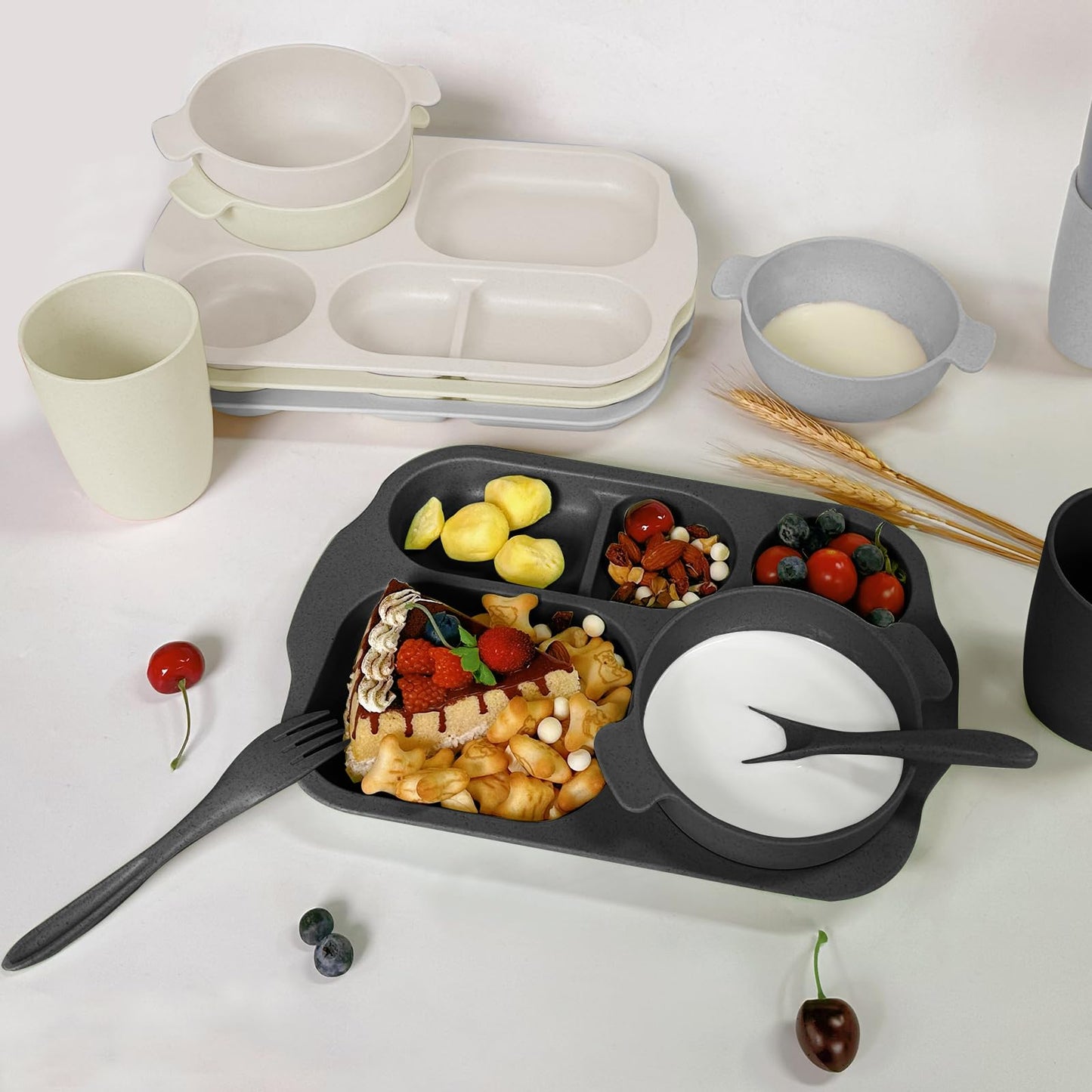 shopwithgreen Wheat Straw Dinnerware Cutlery Set, 20 PCS Kids Toddlers Divided Plates and Bowls Sets, Microwave Unbreakable Tableware Spoon Knife Cup, Dishwasher Safe for Kitchen Picnic School