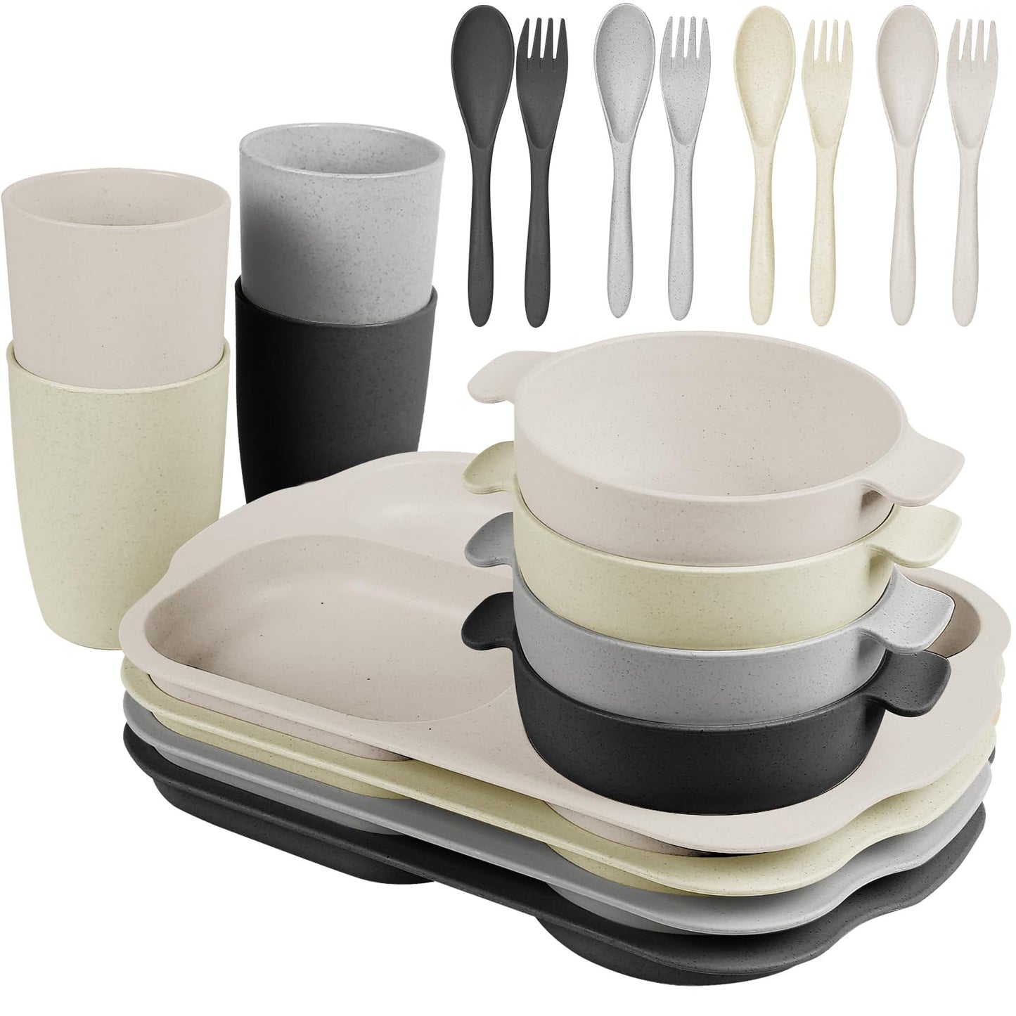 shopwithgreen Wheat Straw Dinnerware Cutlery Set, 20 PCS Kids Toddlers Divided Plates and Bowls Sets, Microwave Unbreakable Tableware Spoon Knife Cup, Dishwasher Safe for Kitchen Picnic School