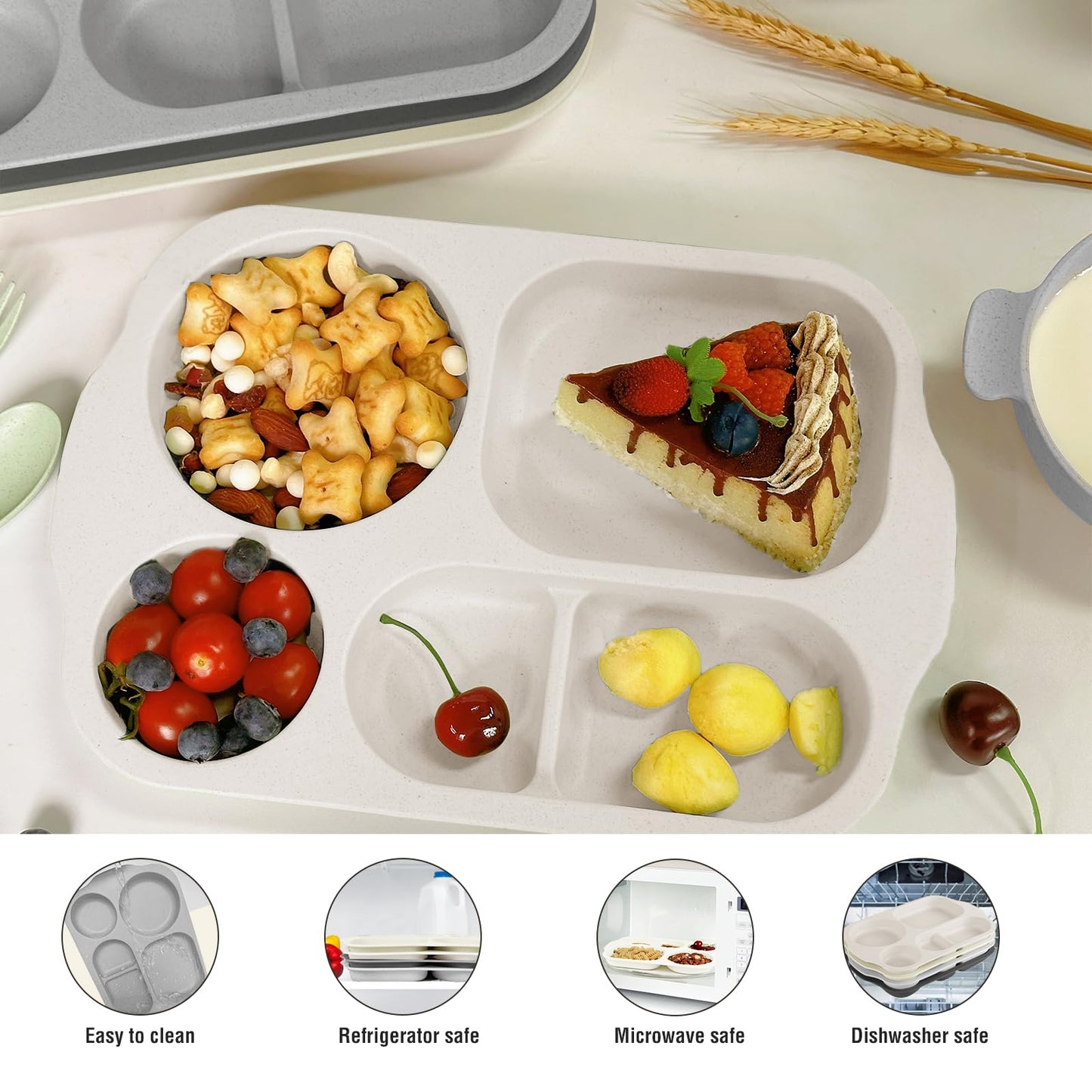 shopwithgreen Wheat Straw Dinnerware Cutlery Set, 20 PCS Kids Toddlers Divided Plates and Bowls Sets, Microwave Unbreakable Tableware Spoon Knife Cup, Dishwasher Safe for Kitchen Picnic School