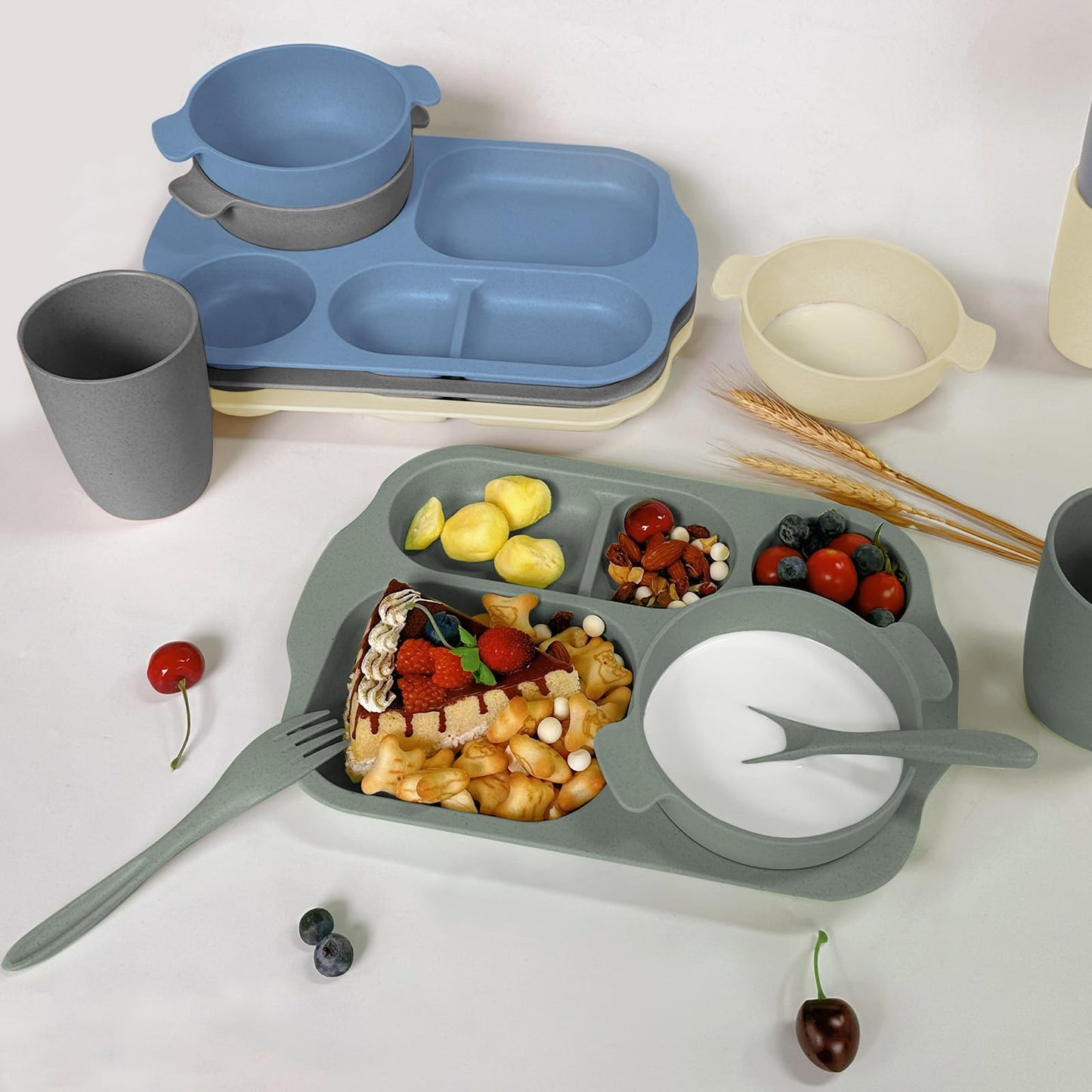 shopwithgreen Wheat Straw Dinnerware Cutlery Set, 20 PCS Kids Toddlers Divided Plates and Bowls Sets, Microwave Unbreakable Tableware Spoon Knife Cup, Dishwasher Safe for Kitchen Picnic School