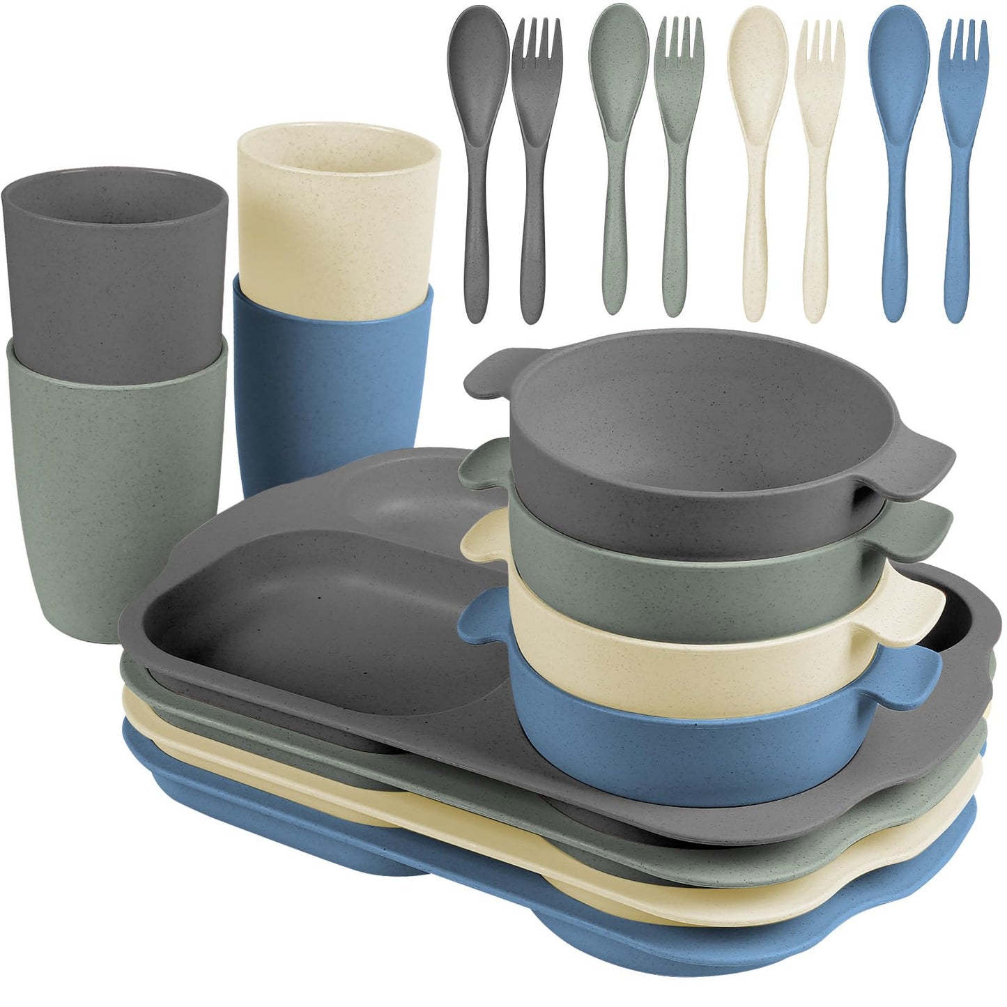 shopwithgreen Wheat Straw Dinnerware Cutlery Set, 20 PCS Kids Toddlers Divided Plates and Bowls Sets, Microwave Unbreakable Tableware Spoon Knife Cup, Dishwasher Safe for Kitchen Picnic School