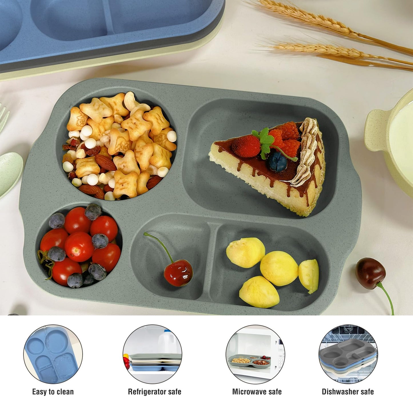 shopwithgreen Wheat Straw Dinnerware Cutlery Set, 20 PCS Kids Toddlers Divided Plates and Bowls Sets, Microwave Unbreakable Tableware Spoon Knife Cup, Dishwasher Safe for Kitchen Picnic School