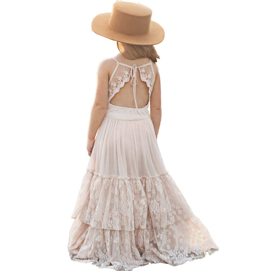 BIBIHOU Girls Kids Lace Back Full-Length Backless Tulle Party Holiday Formal Flower Girl Dress