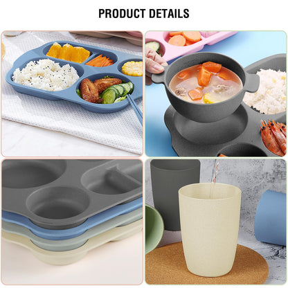shopwithgreen Wheat Straw Dinnerware Cutlery Set, 20 PCS Kids Toddlers Divided Plates and Bowls Sets, Microwave Unbreakable Tableware Spoon Knife Cup, Dishwasher Safe for Kitchen Picnic School